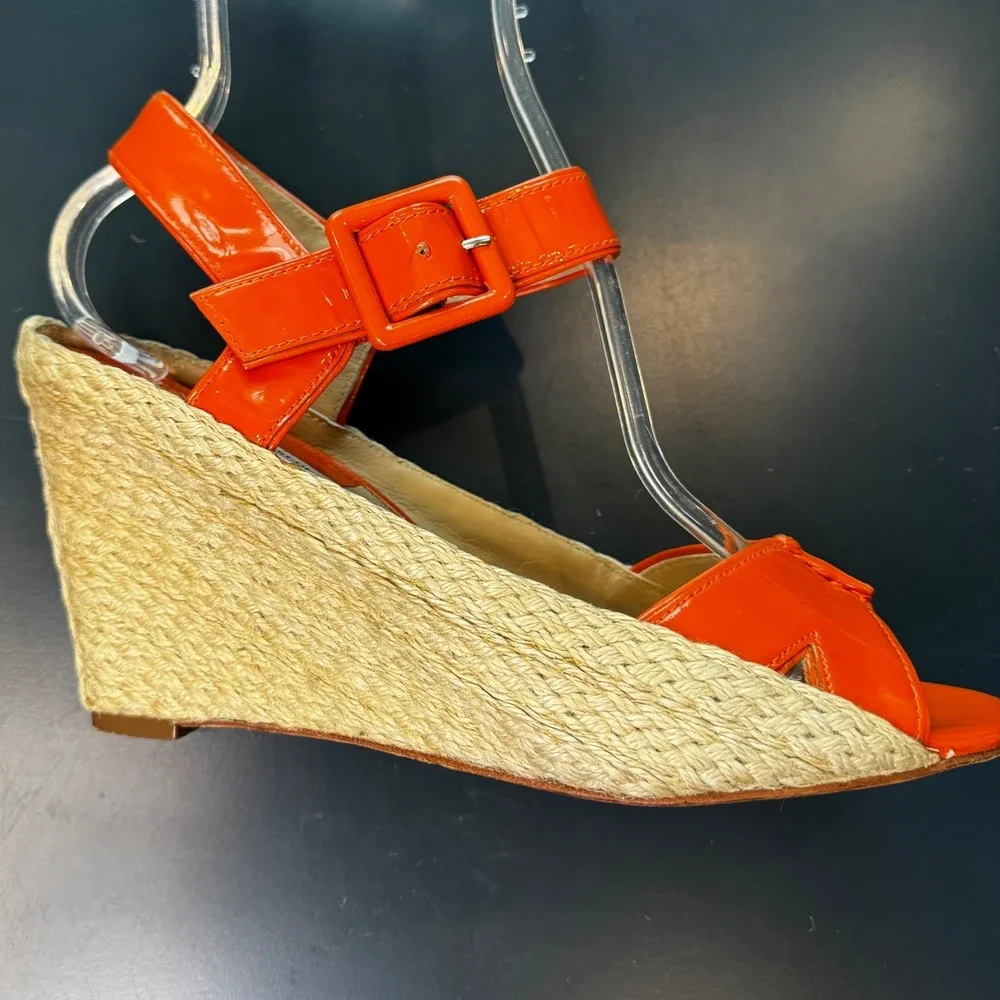 Diane von Furstenberg Women 9 M Orange Patent Leather Espadrille Wedge Sandals